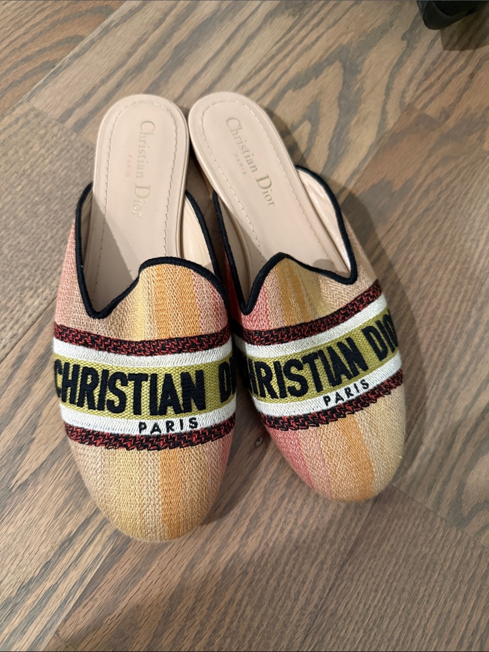 Dior Striped Embroidered Mules in Peach, Yellow & Black